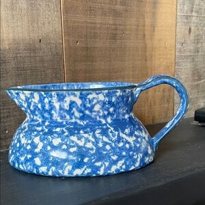 ❤️ Vintage 40’s STANGL POTTERY NJ Gravy bowl decanter Handle Blue sponge pattern
